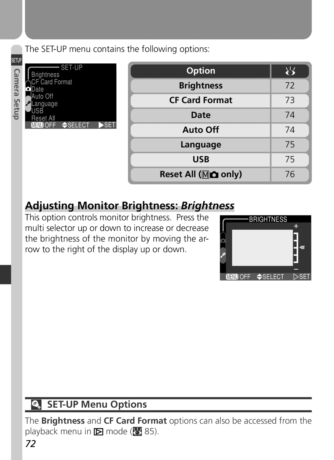 Nikon COOLPIX 2500 manual Adjusting Monitor Brightness Brightness, SET-UP Menu Options 