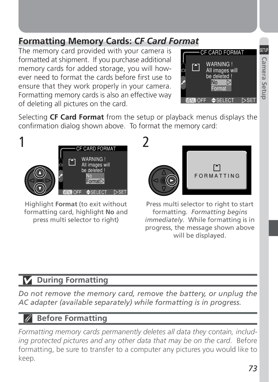 Nikon COOLPIX 2500 manual Formatting Memory Cards CF Card Format, During Formatting, Before Formatting 