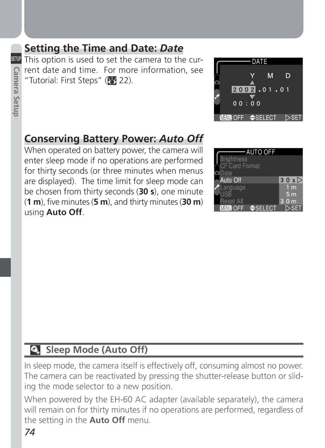 Nikon COOLPIX 2500 manual Setting the Time and Date Date, Conserving Battery Power Auto Off, Sleep Mode Auto Off 