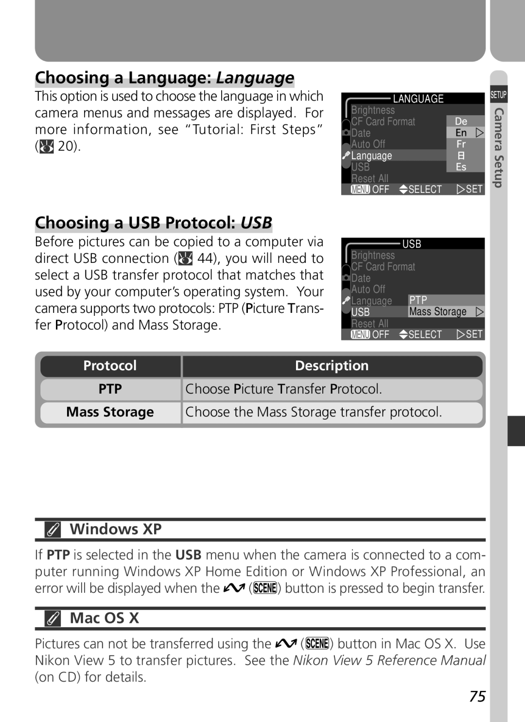 Nikon COOLPIX 2500 manual Choosing a Language Language, Choosing a USB Protocol USB, Protocol Description 