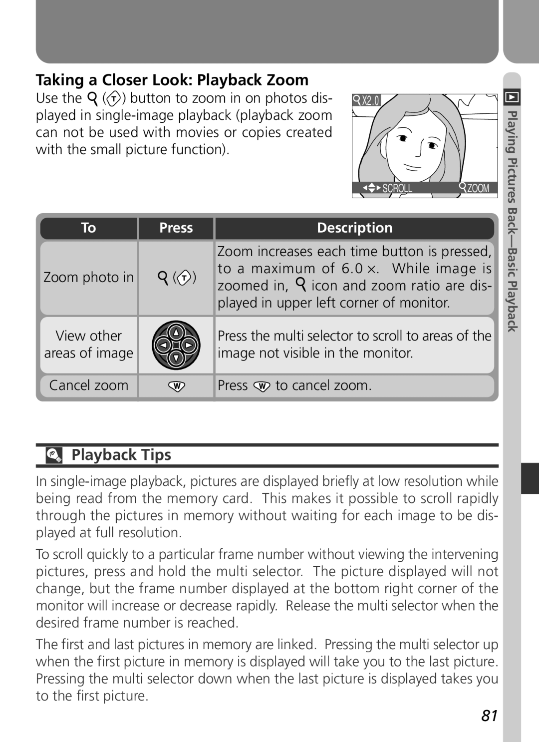 Nikon COOLPIX 2500 Taking a Closer Look Playback Zoom, Playback Tips, Zoom photo View other Areas of image Cancel zoom 