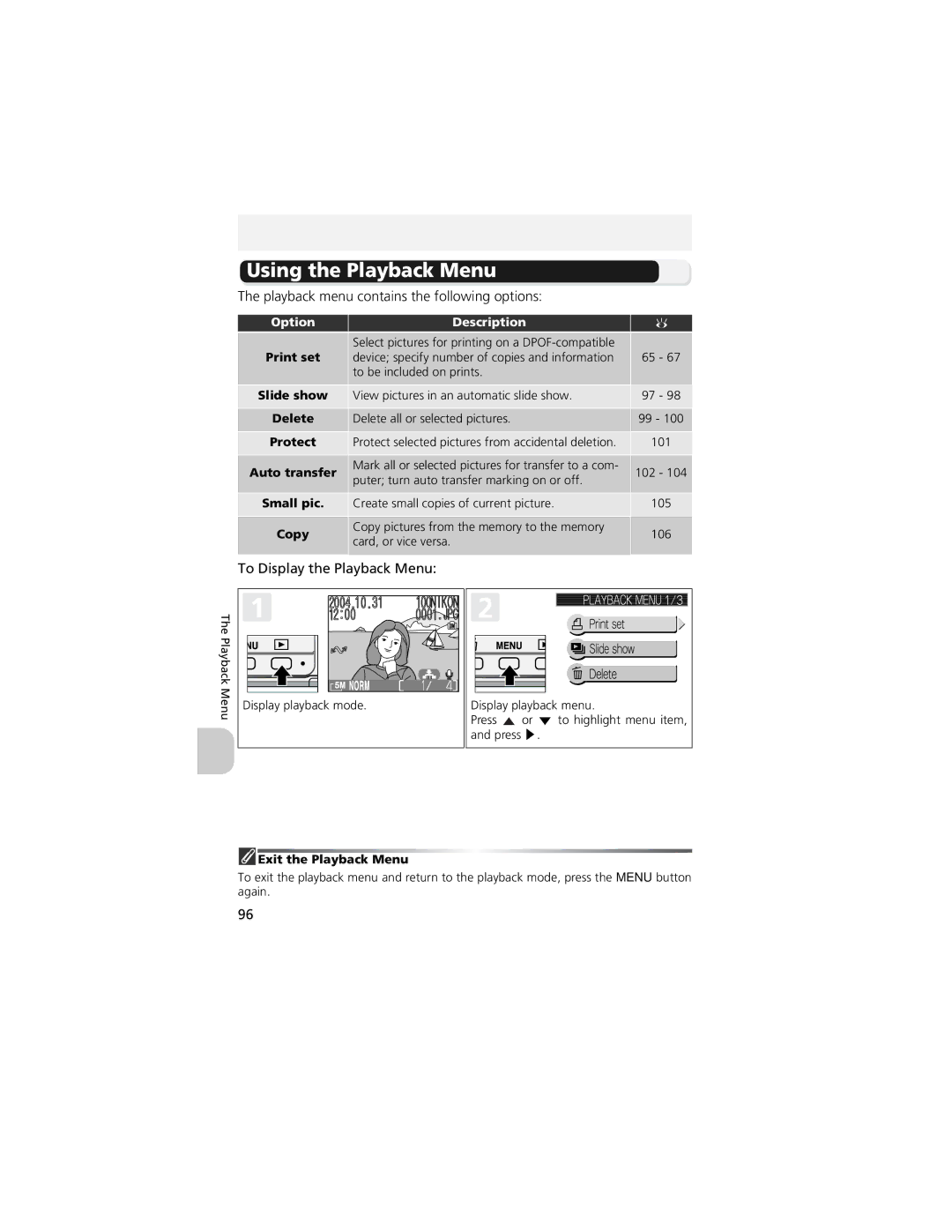 Nikon COOLPIX 5200 Using the Playback Menu, Playback menu contains the following options, To Display the Playback Menu 