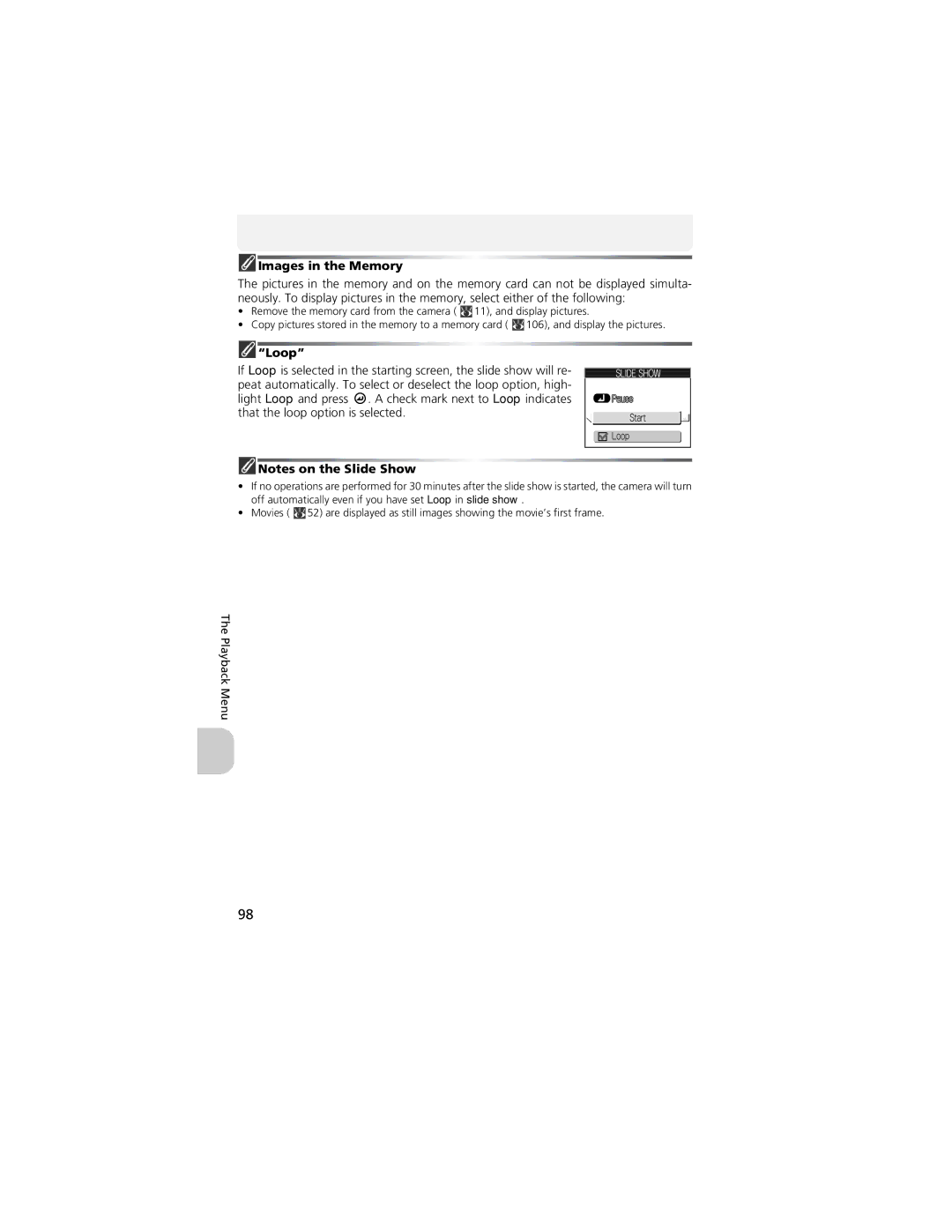 Nikon COOLPIX 5200, 13311 manual Images in the Memory, Loop 