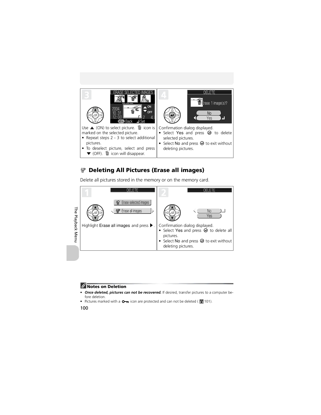 Nikon COOLPIX 5200, 13311 manual Deleting All Pictures Erase all images, 100 