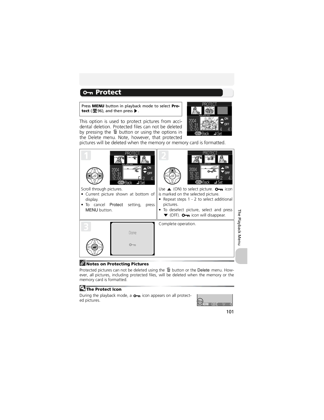 Nikon 13311, COOLPIX 5200 manual By pressing, 101, Protect Icon 