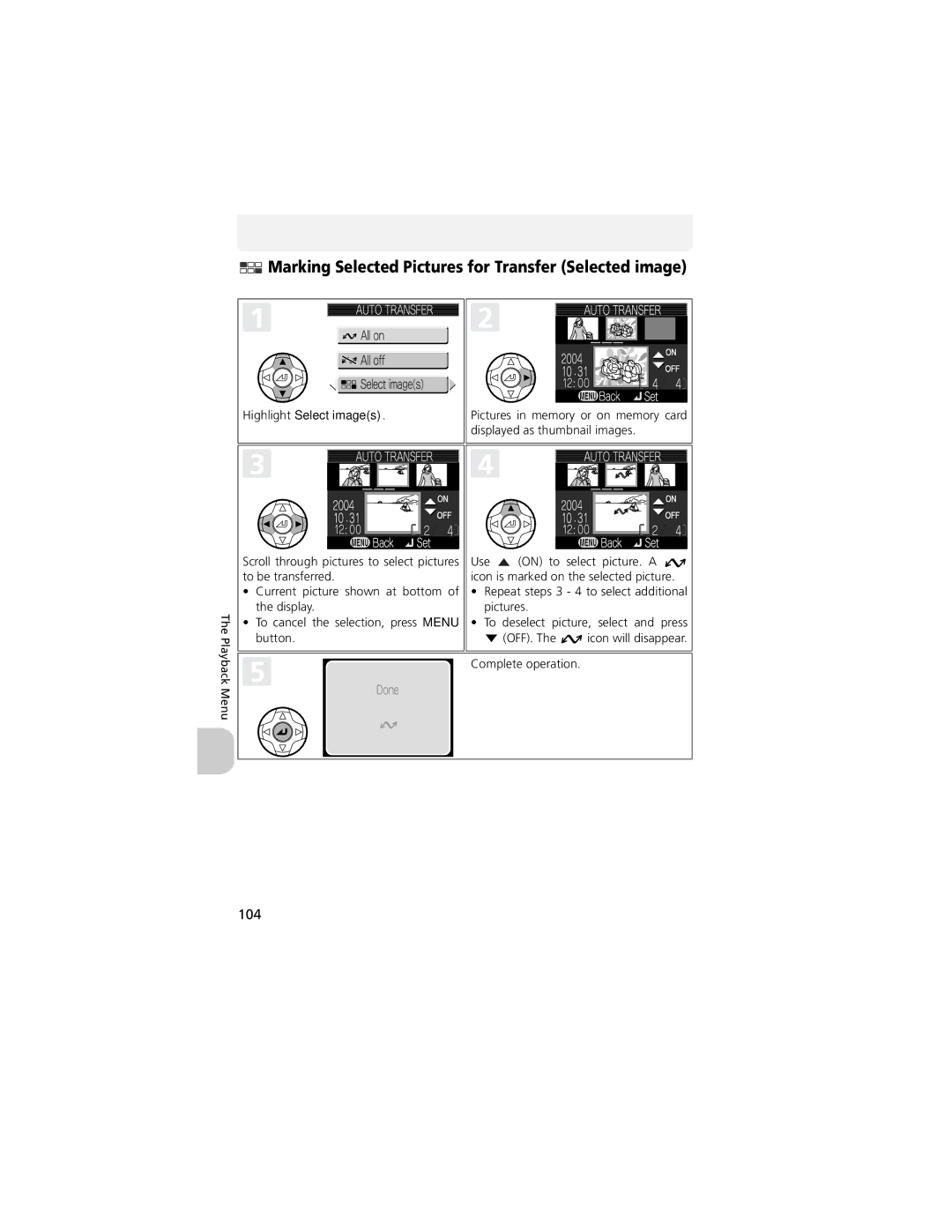 Nikon COOLPIX 5200, 13311 manual Marking Selected Pictures for Transfer Selected image, 104 