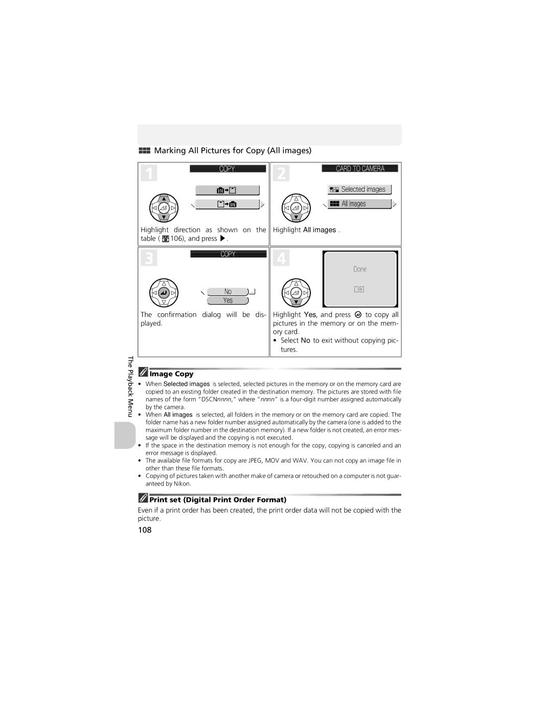 Nikon COOLPIX 5200, 13311 Marking All Pictures for Copy All images, 108, Image Copy, Print set Digital Print Order Format 