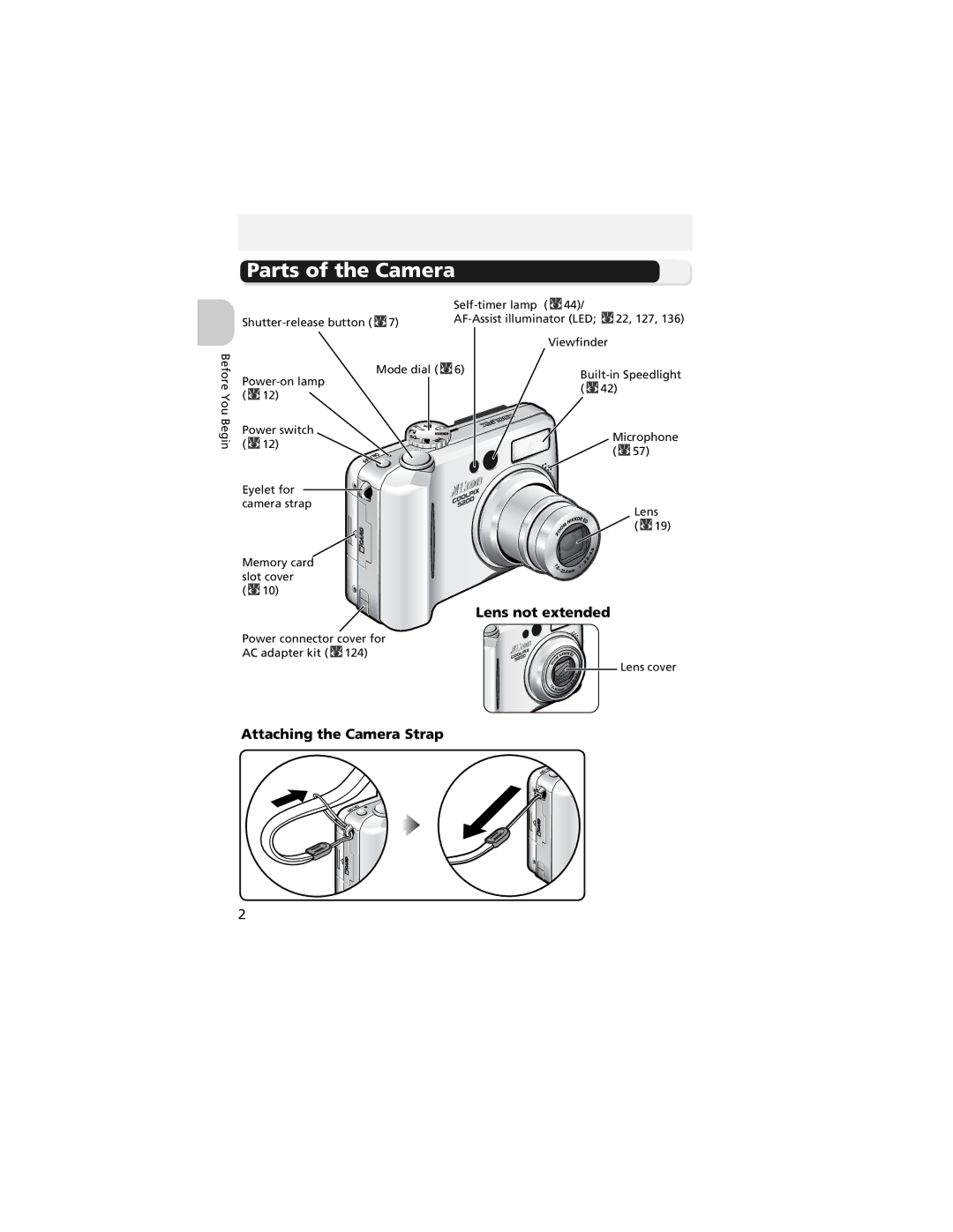 Nikon COOLPIX 5200, 13311 manual Parts of the Camera, Lens not extended, Attaching the Camera Strap 