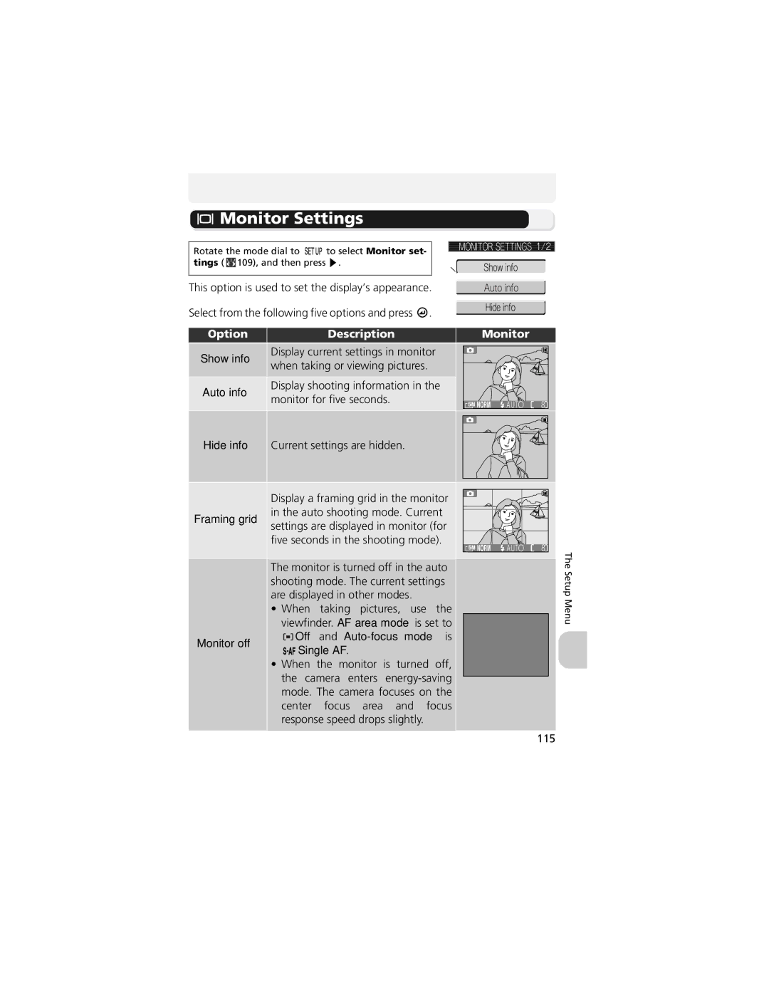 Nikon 13311, COOLPIX 5200 manual Monitor Settings, Option Description Monitor 