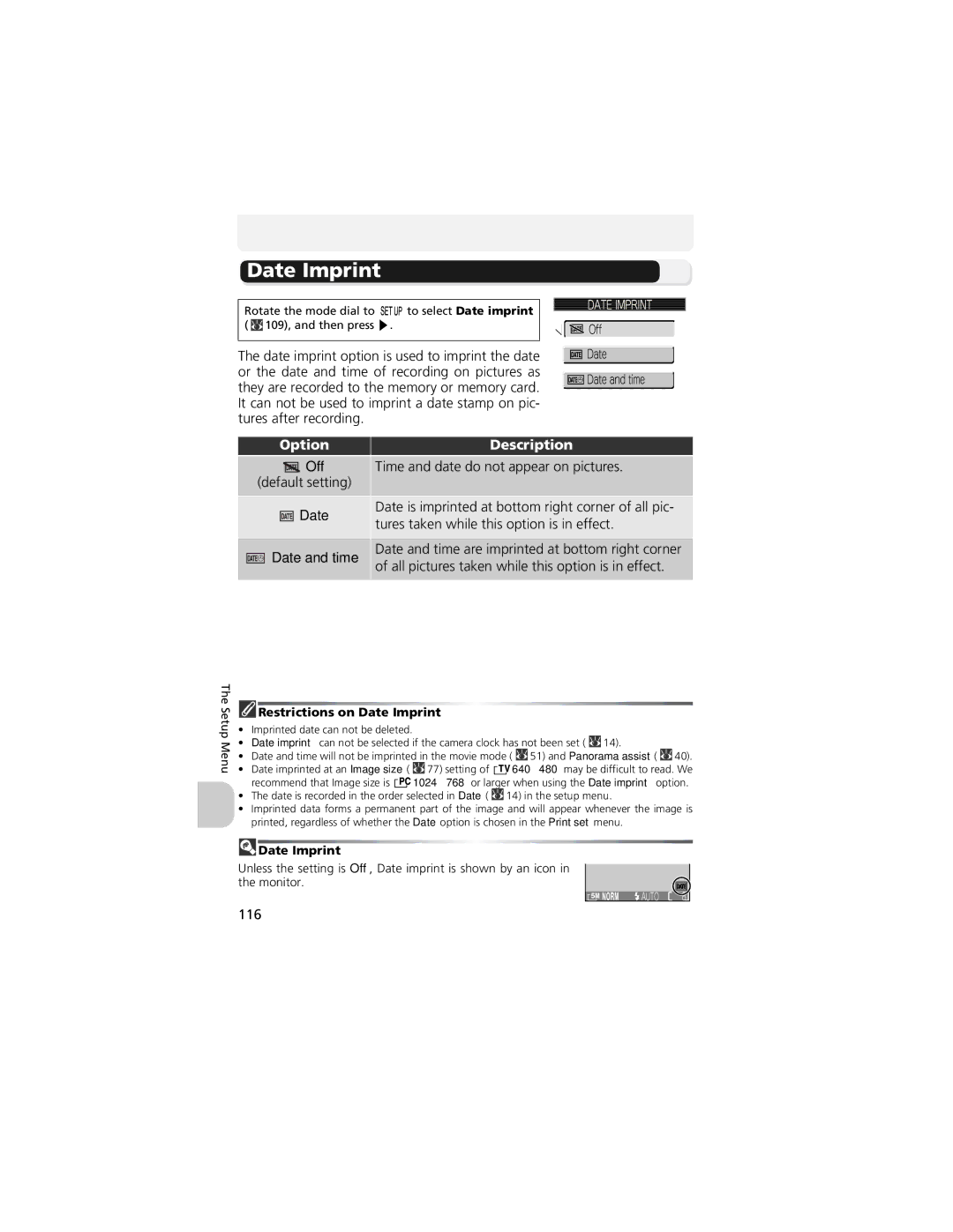 Nikon COOLPIX 5200, 13311 manual Date Imprint, Date and time 