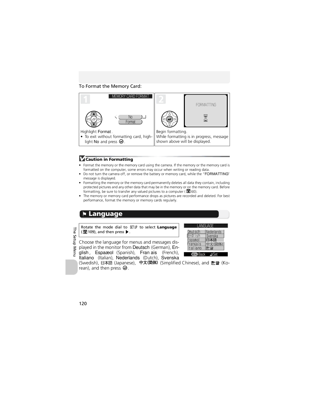 Nikon COOLPIX 5200, 13311 manual Language, To Format the Memory Card 