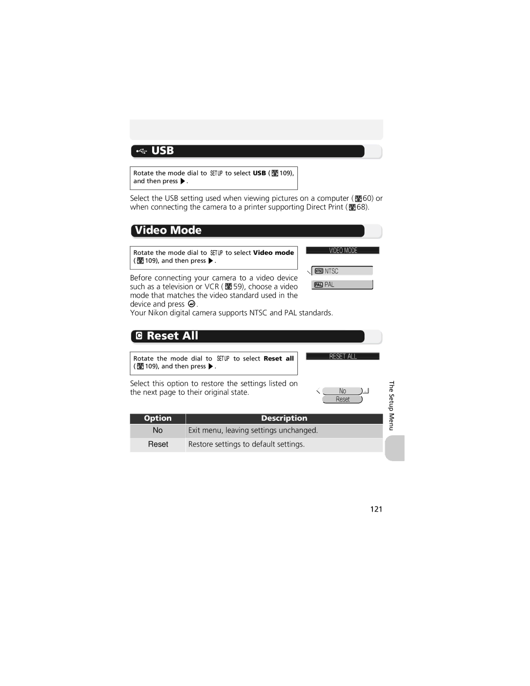 Nikon 13311, COOLPIX 5200 manual Video Mode, Reset All, Option Description Exit menu, leaving settings unchanged 