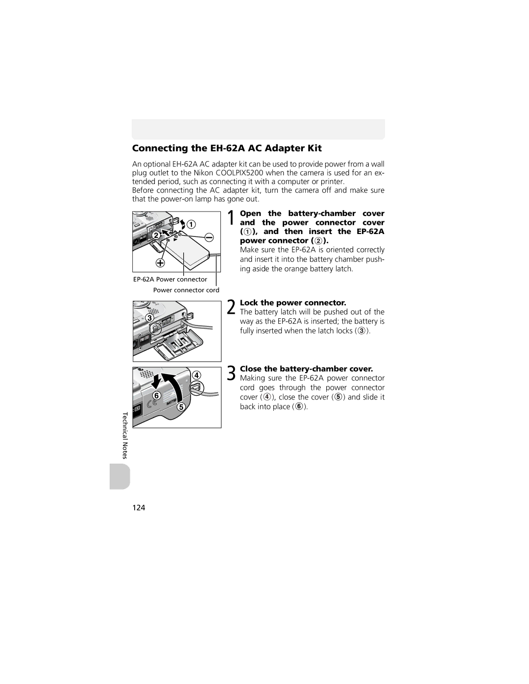 Nikon COOLPIX 5200, 13311 manual Connecting the EH-62A AC Adapter Kit, Lock the power connector, 124 