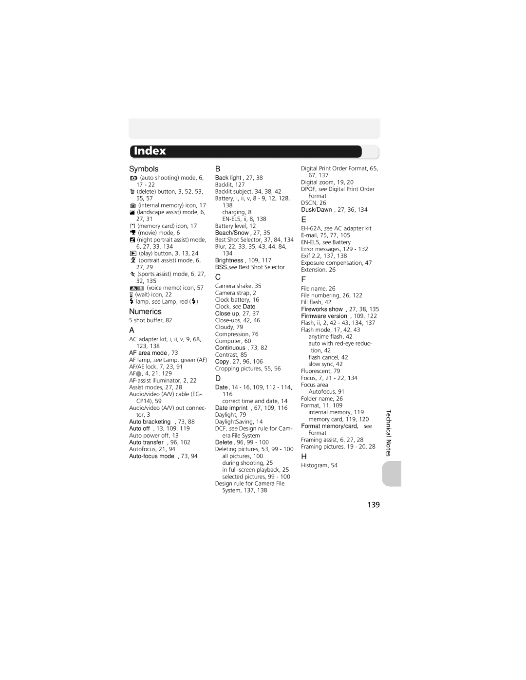 Nikon 13311, COOLPIX 5200 manual Index, Symbols, Numerics, 139 