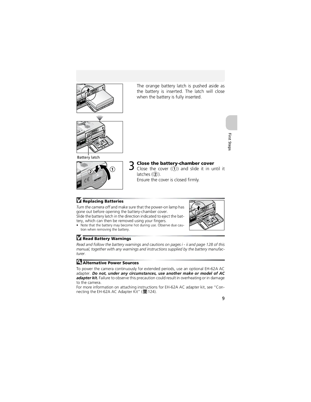 Nikon 13311 manual Ensure the cover is closed firmly, Replacing Batteries, Read Battery Warnings, Alternative Power Sources 