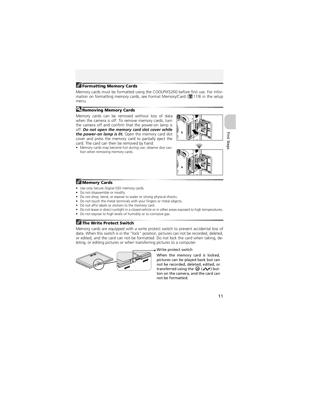 Nikon 13311, COOLPIX 5200 manual Formatting Memory Cards, Removing Memory Cards, Write Protect Switch 