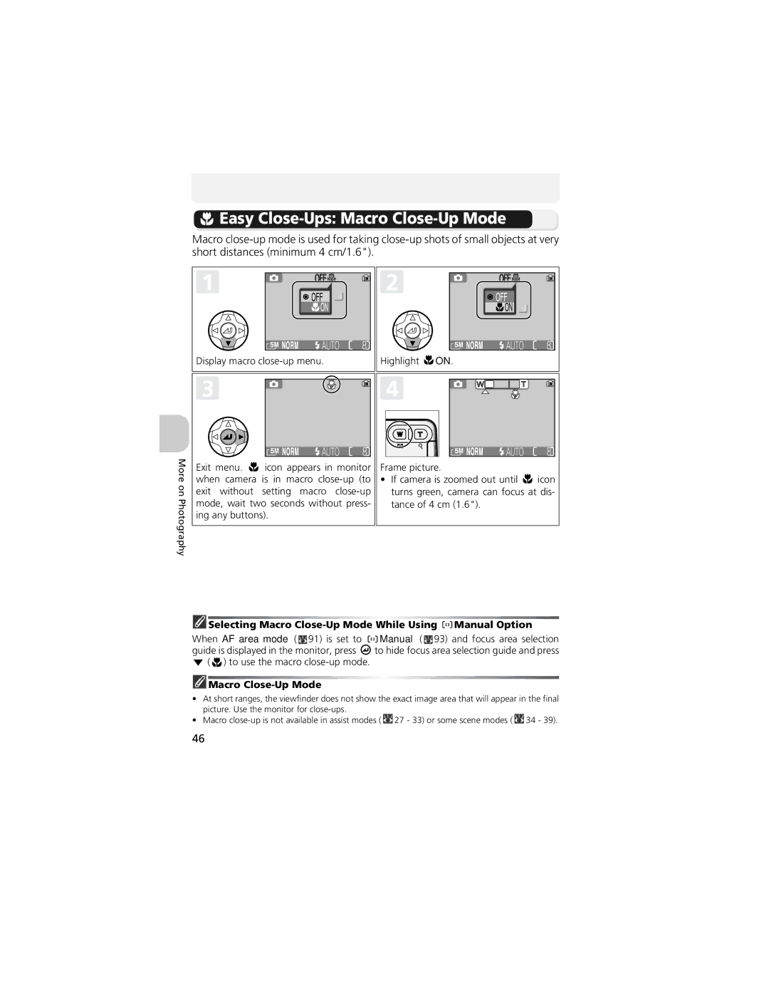 Nikon COOLPIX 5200, 13311 manual Easy Close-Ups Macro Close-Up Mode, Selecting Macro Close-Up Mode While Using Manual Option 