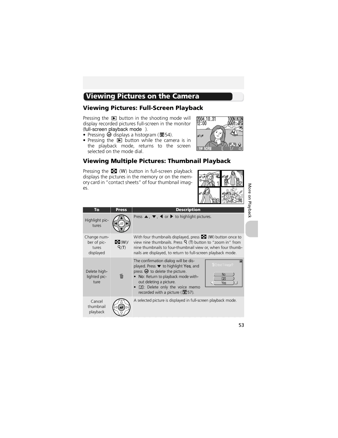 Nikon 13311, COOLPIX 5200 manual Viewing Pictures on the Camera, Viewing Pictures Full-Screen Playback 