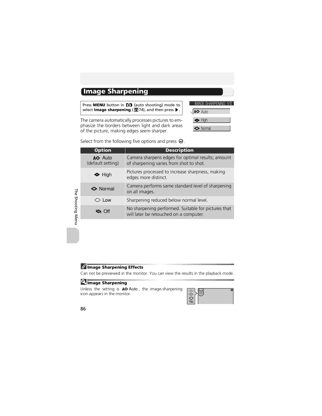 Nikon COOLPIX 5200, 13311 manual Image Sharpening, High, Low, Off 