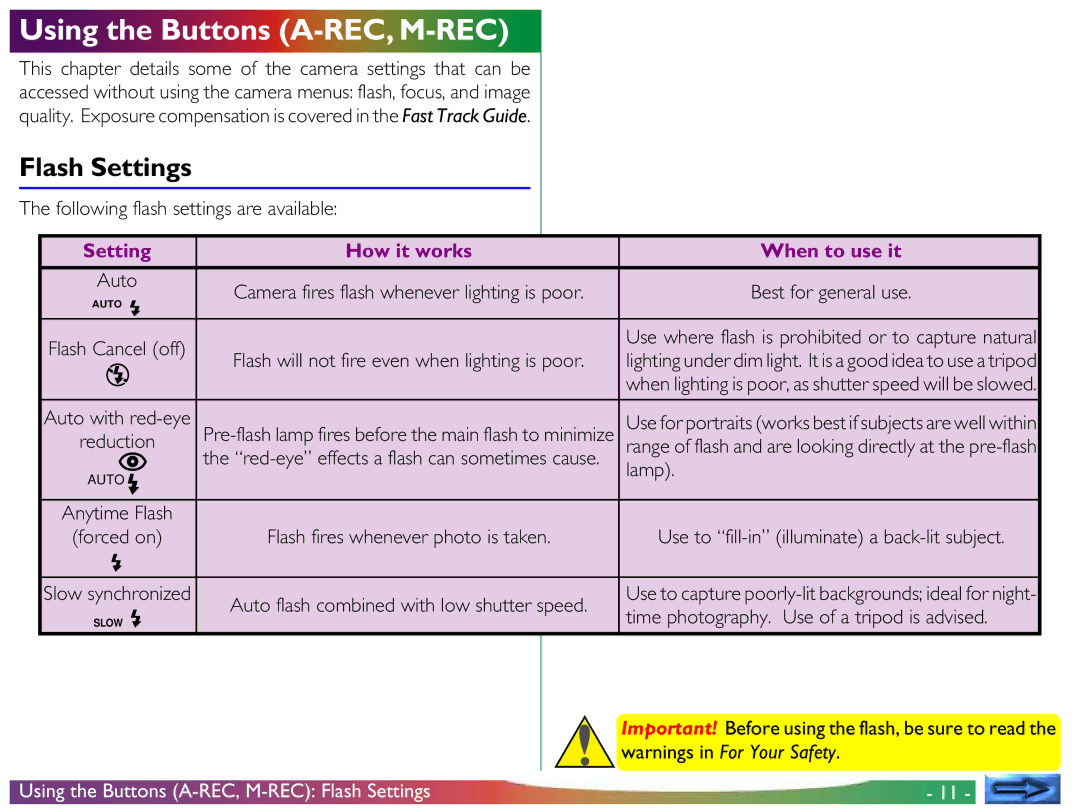 Nikon COOLPIX 700 manual Using the Buttons A-REC, M-REC, Flash Settings, Setting How it works When to use it 