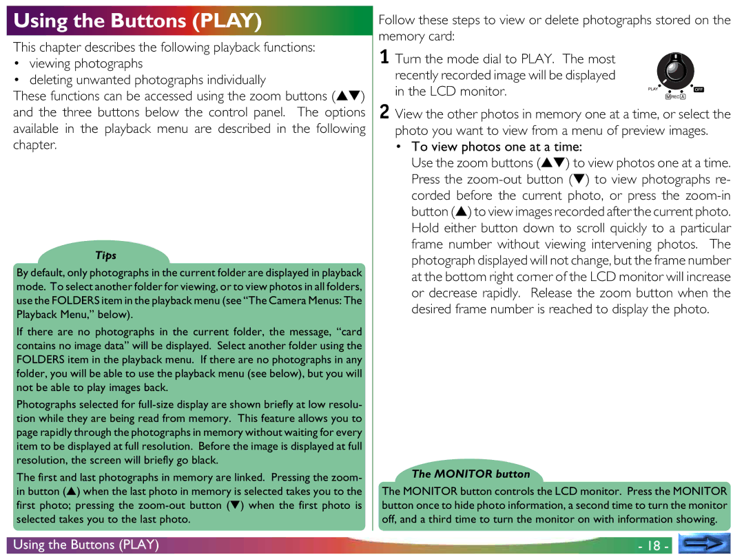 Nikon COOLPIX 700 manual Using the Buttons Play, To view photos one at a time 