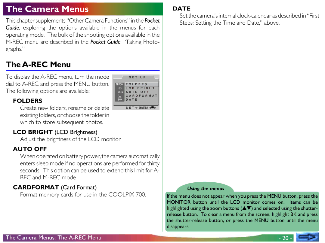 Nikon COOLPIX 700 manual Camera Menus The A-REC Menu 