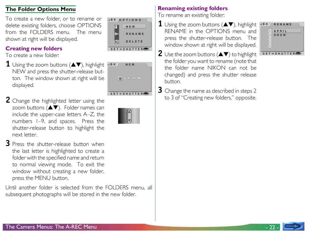 Nikon COOLPIX 700 Folder Options Menu, Creating new folders, To create a new folder, Use the zoom buttons to highlight 