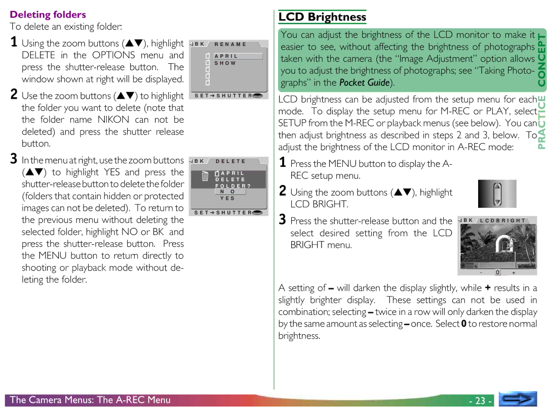 Nikon COOLPIX 700 manual LCD Brightness, Deleting folders, To delete an existing folder, Press the shutter-release button 
