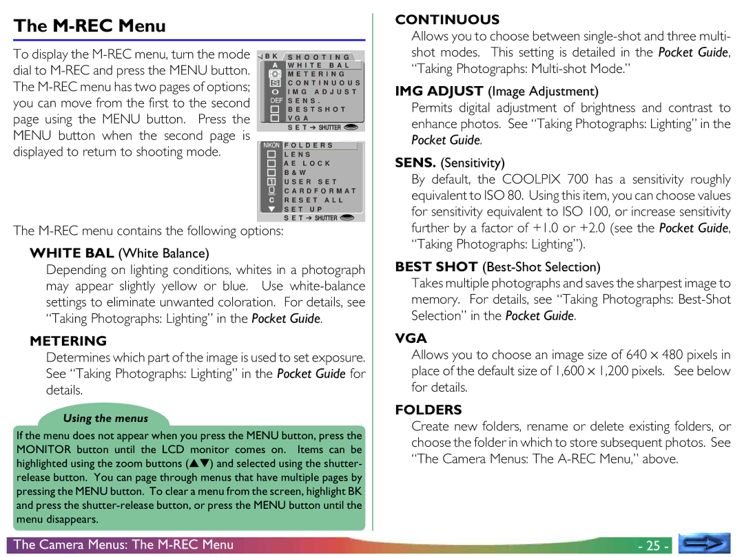 Nikon COOLPIX 700 manual Camera Menus The M-REC Menu, Allows you to choose between single-shot and three multi 