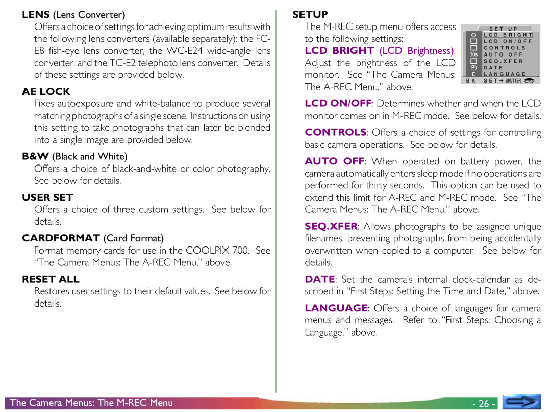 Nikon COOLPIX 700 manual Lens Lens Converter, M-REC setup menu offers access to the following settings 