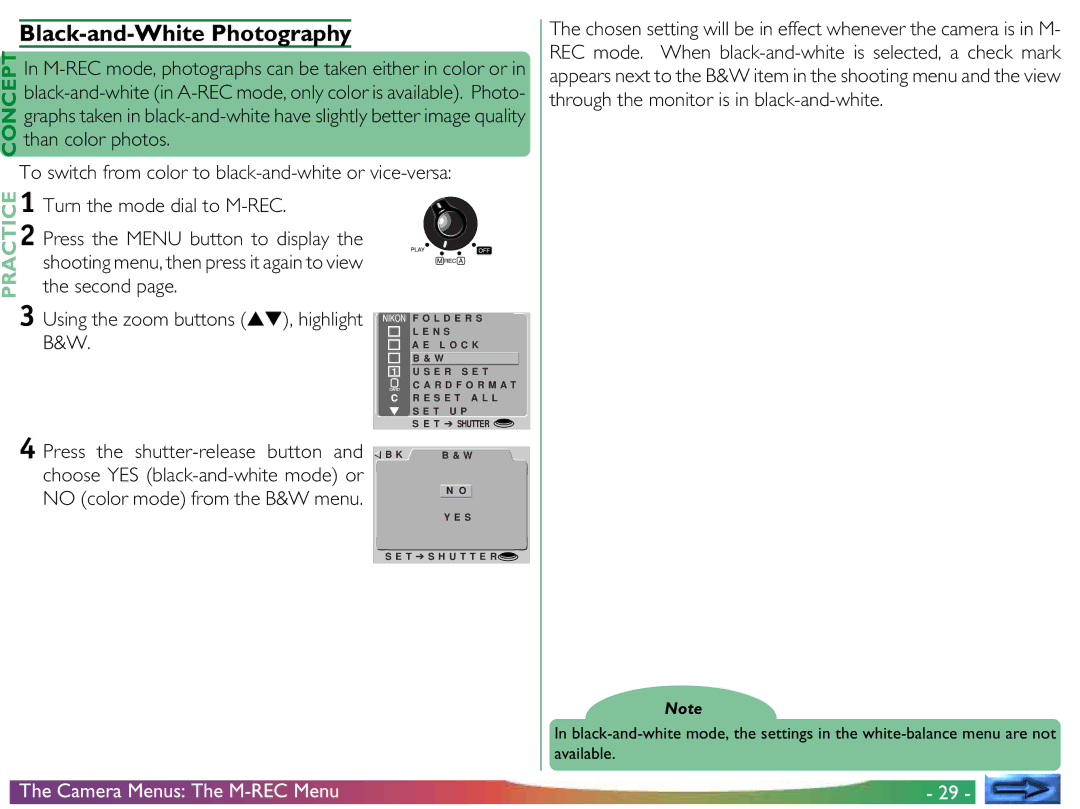 Nikon COOLPIX 700 manual Black-and-White Photography, Second Turn the mode dial to M-REC, Press the shutter-release button 