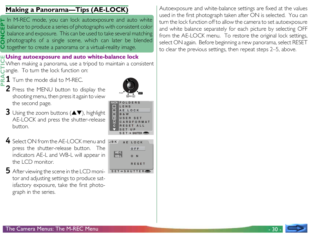 Nikon COOLPIX 700 manual Making a Panorama-Tips AE-LOCK, Using autoexposure and auto white-balance lock, Button 