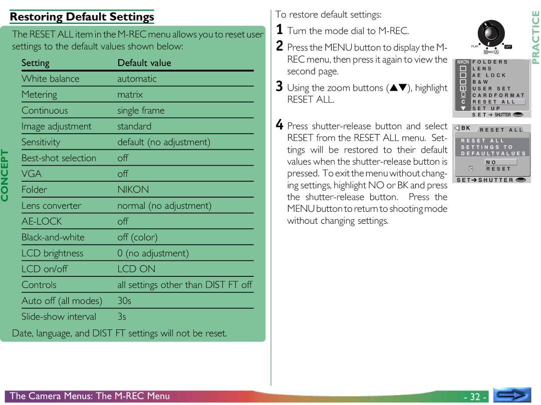 Nikon COOLPIX 700 Restoring Default Settings, Sensitivity Default no adjustment Best-shot selection Off, Folder, Controls 