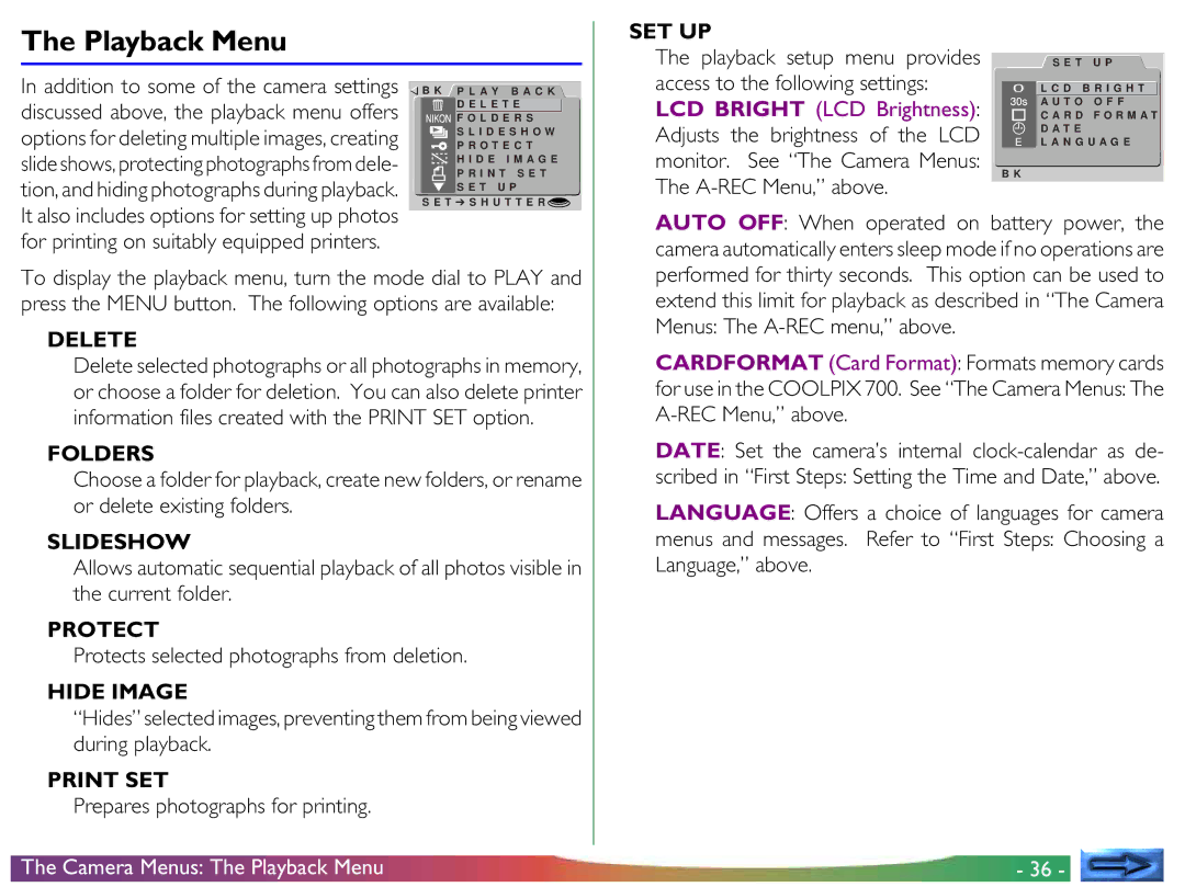 Nikon COOLPIX 700 manual Playback Menu, Playback setup menu provides, Protects selected photographs from deletion 