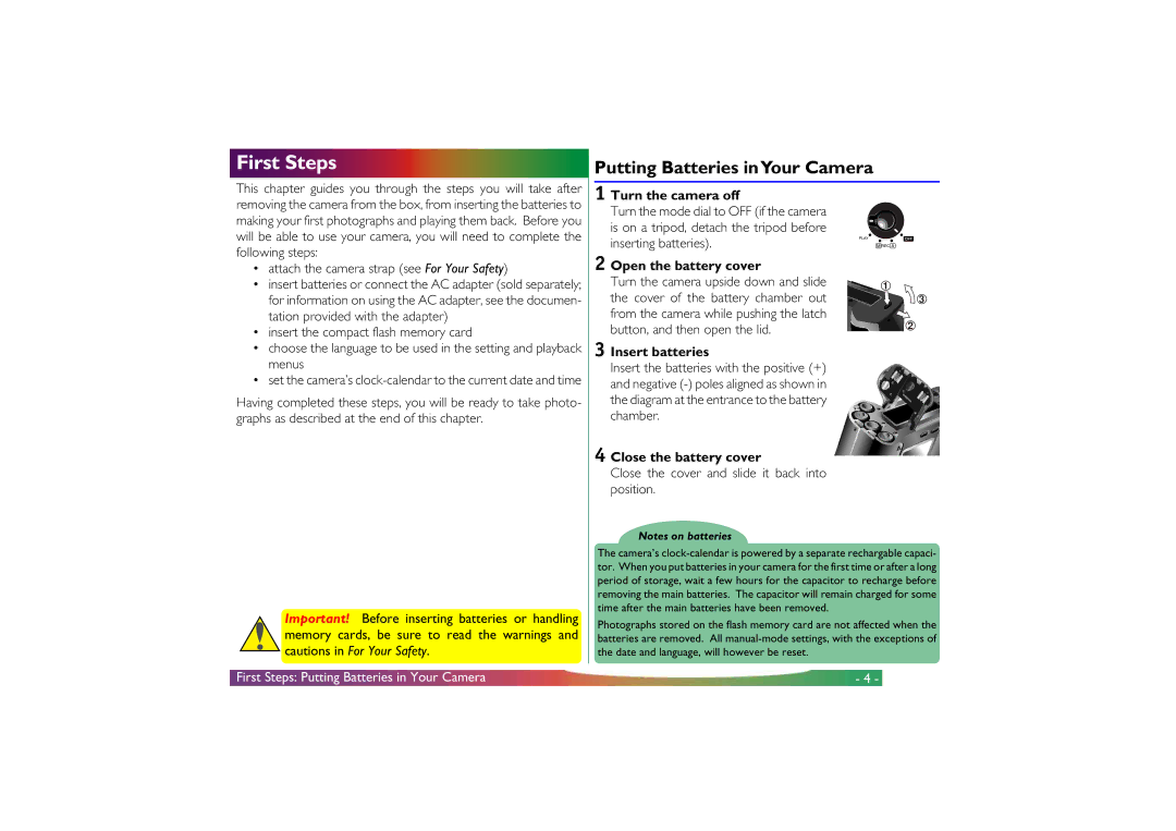 Nikon COOLPIX 700 manual First Steps, Putting Batteries inYour Camera 