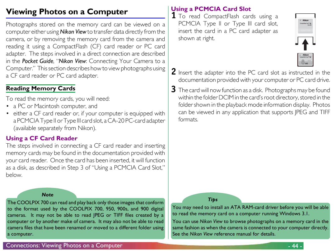 Nikon COOLPIX 700 Viewing Photos on a Computer, Reading Memory Cards, Using a CF Card Reader, Using a Pcmcia Card Slot 