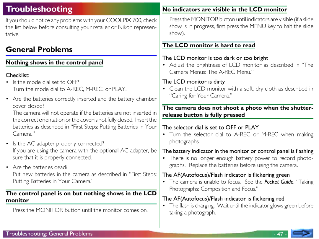 Nikon COOLPIX 700 manual Troubleshooting, General Problems 