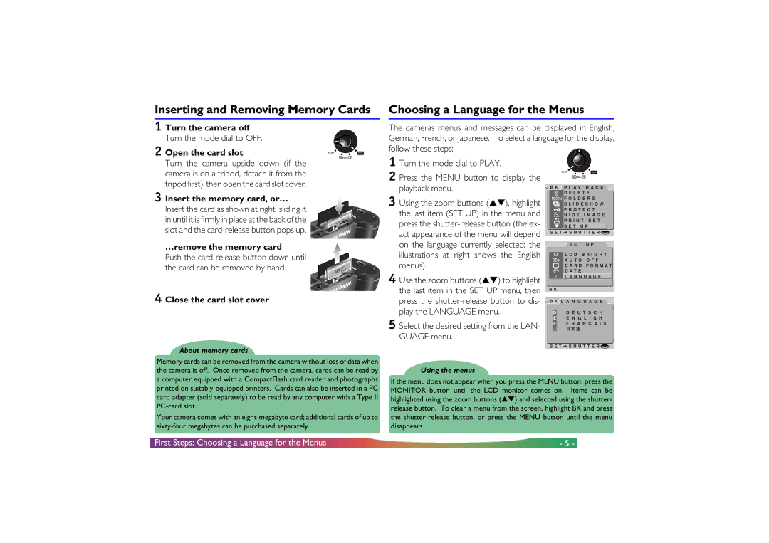 Nikon COOLPIX 700 manual Inserting and Removing Memory Cards, Choosing a Language for the Menus 