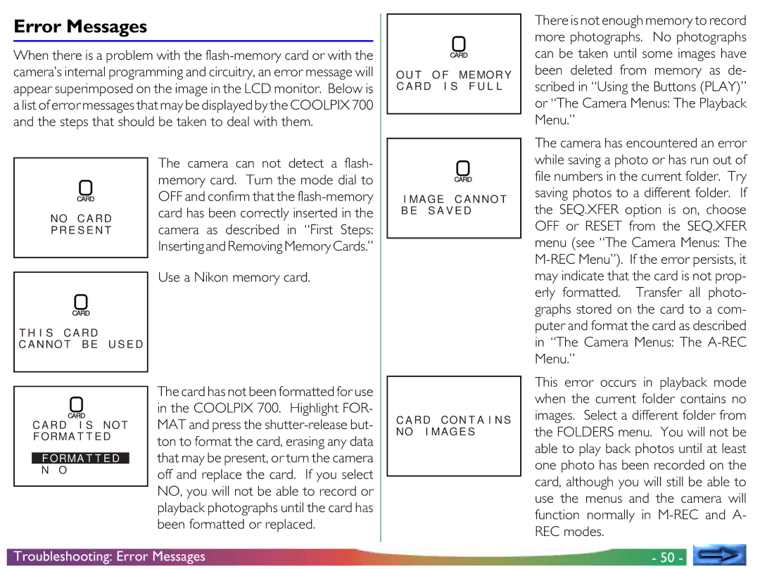 Nikon COOLPIX 700 manual Use a Nikon memory card, Troubleshooting Error Messages 