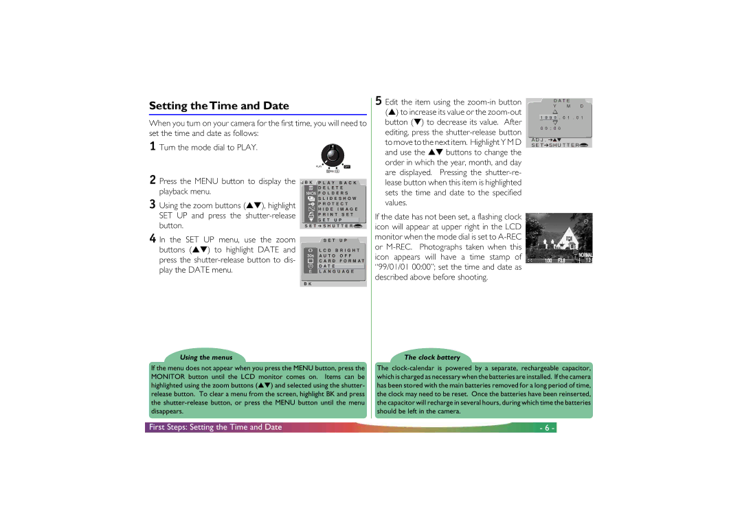 Nikon COOLPIX 700 manual First Steps Setting the Time and Date, Clock battery 