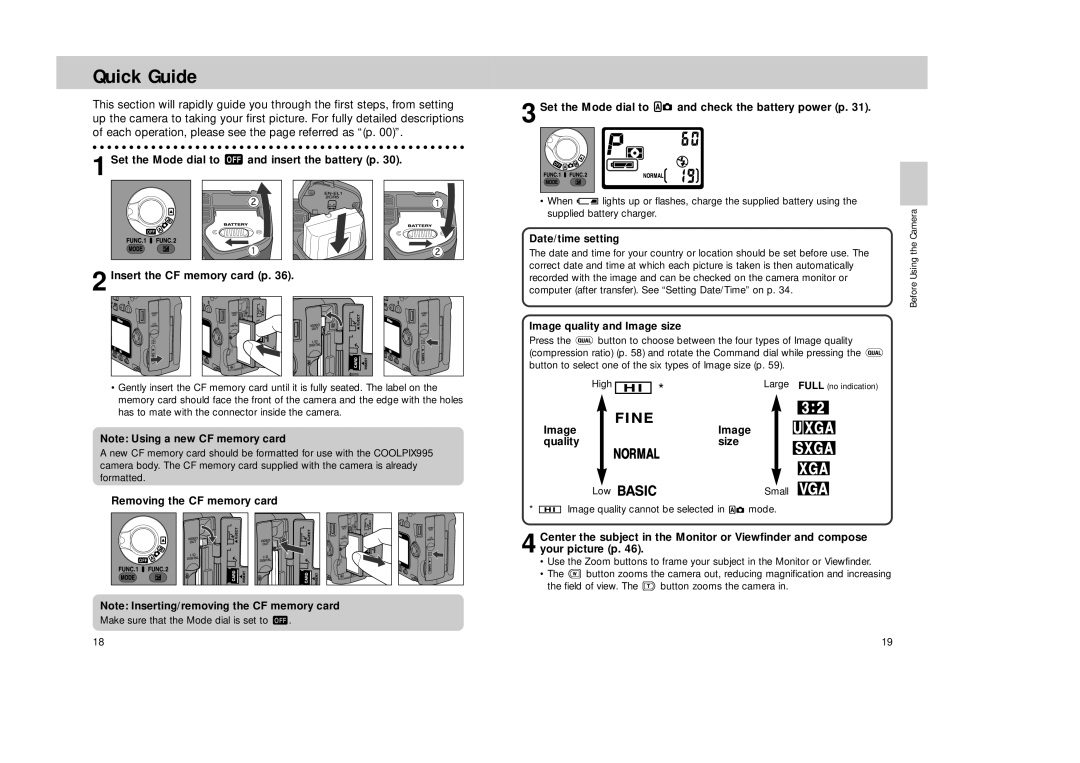 Nikon Coolpix 995 manual Quick Guide, Removing the CF memory card, Set the Mode dial to and check the battery power p 