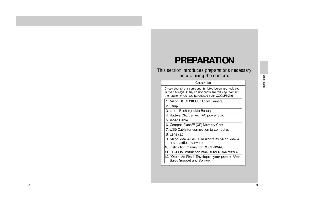 Nikon Coolpix 995 manual Check list, Preparation 