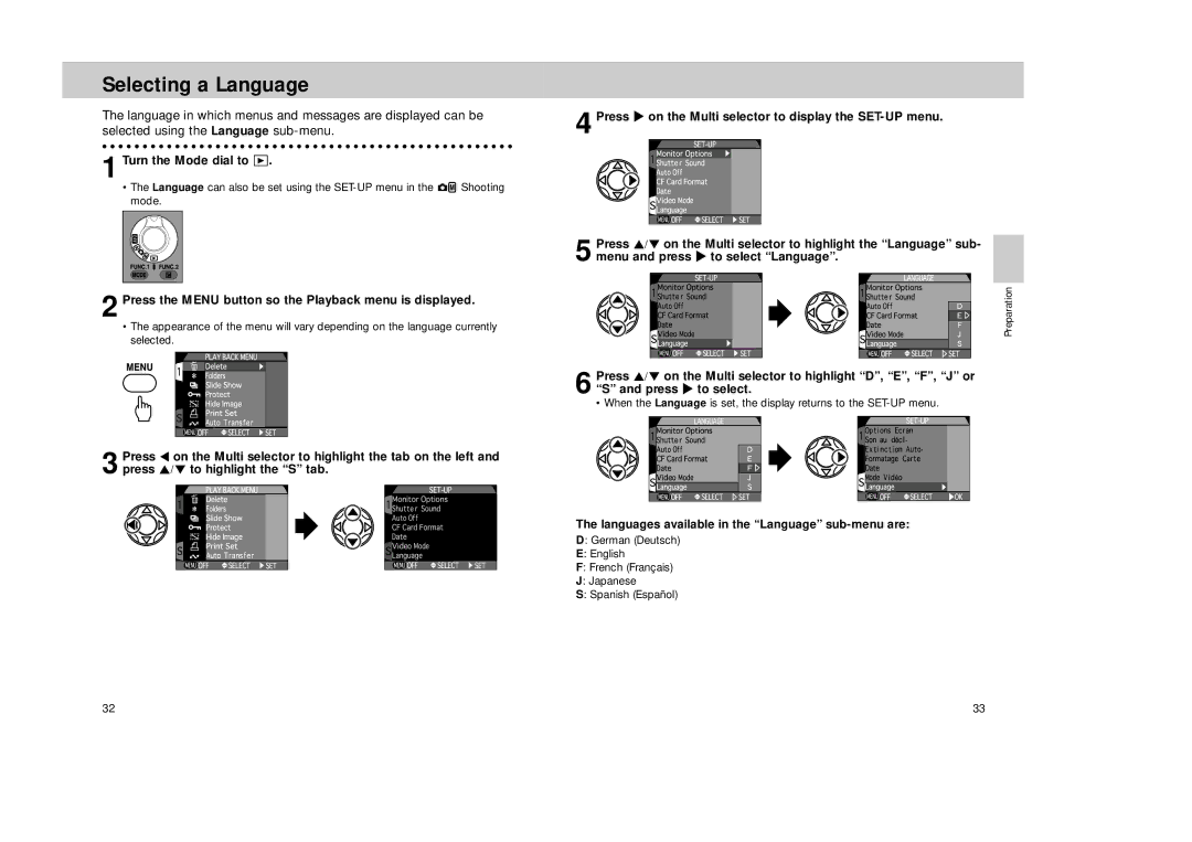 Nikon Coolpix 995 manual Selecting a Language, Press the Menu button so the Playback menu is displayed 