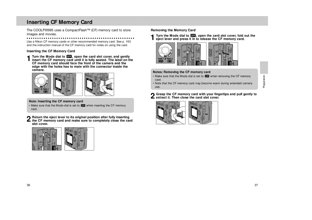 Nikon Coolpix 995 manual Inserting CF Memory Card, Inserting the CF Memory Card, Removing the Memory Card 