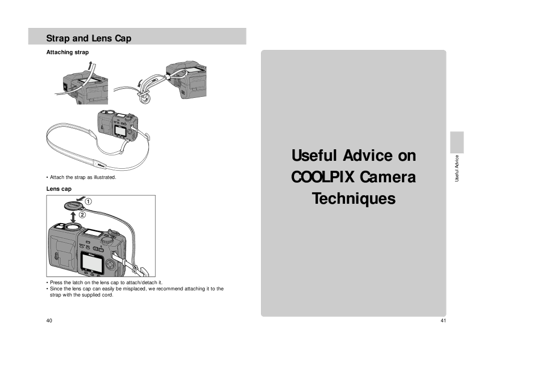 Nikon Coolpix 995 manual Strap and Lens Cap, Attaching strap, Lens cap, Attach the strap as illustrated, Useful Advice 