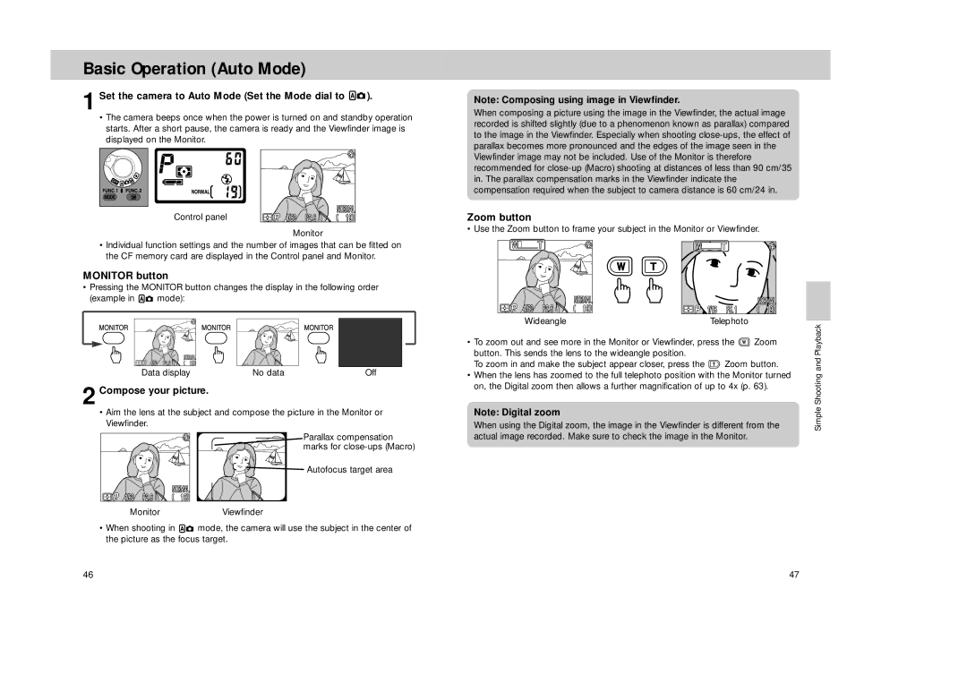 Nikon Coolpix 995 Basic Operation Auto Mode, Set the camera to Auto Mode Set the Mode dial to, Monitor button, Zoom button 