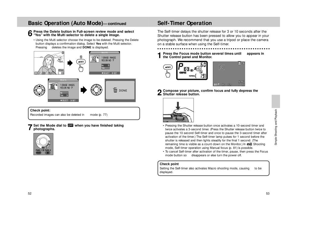 Nikon Coolpix 995 manual Self-Timer Operation, Recorded images can also be deleted in ˘ mode p 