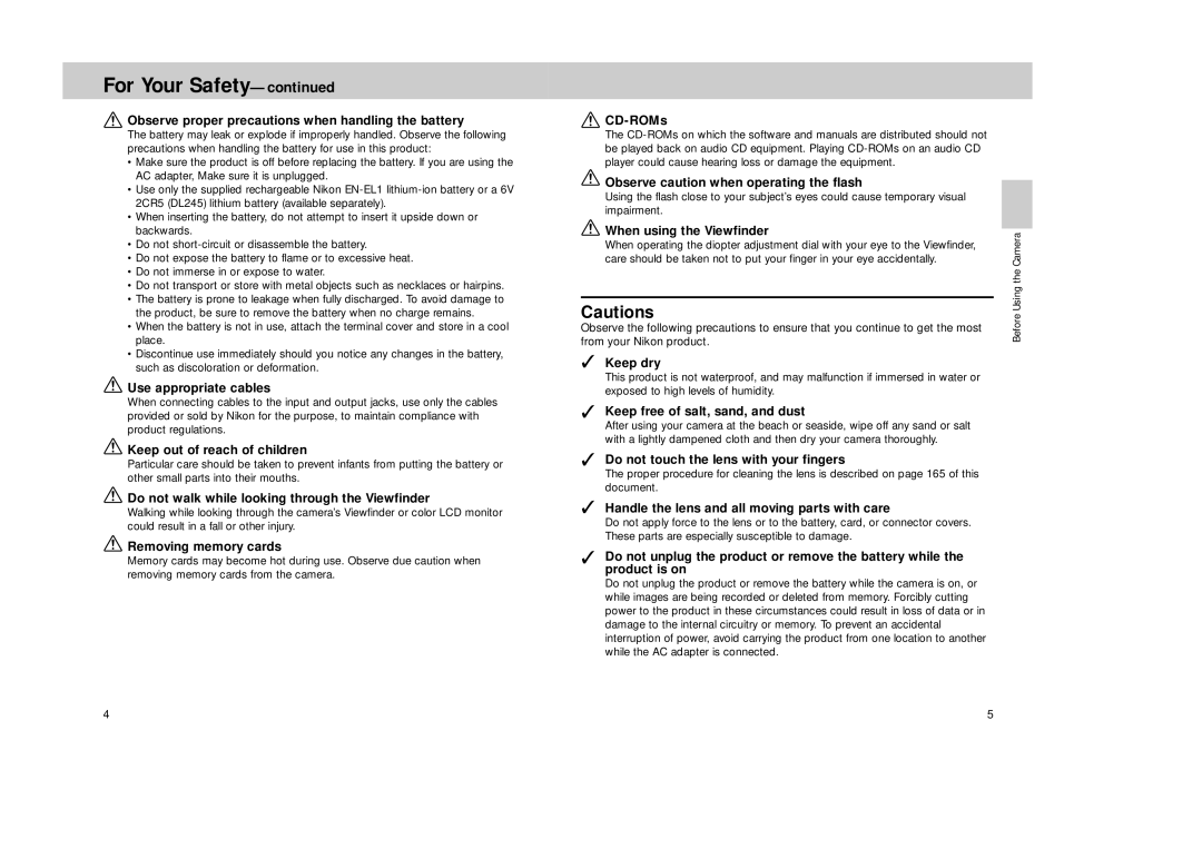 Nikon Coolpix 995 Observe proper precautions when handling the battery, Use appropriate cables, Removing memory cards 