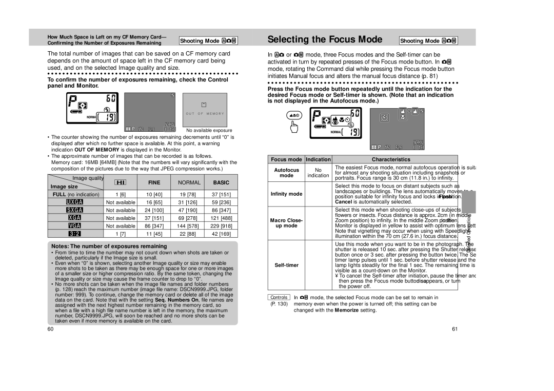 Nikon Coolpix 995 manual Confirming the Number of Exposures Remaining, Image size, Focus mode Indication Characteristics 