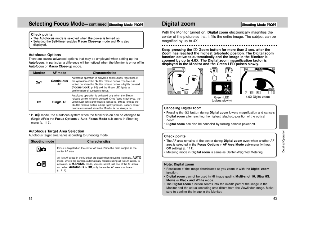 Nikon Coolpix 995 manual Digital zoom, Autofocus Options, Autofocus Target Area Selection 